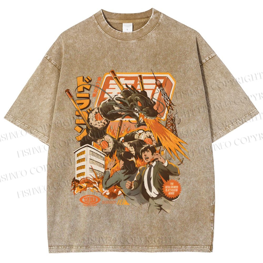 Unisex Sushi Dragon Attack Japanese Printed Washed Tee