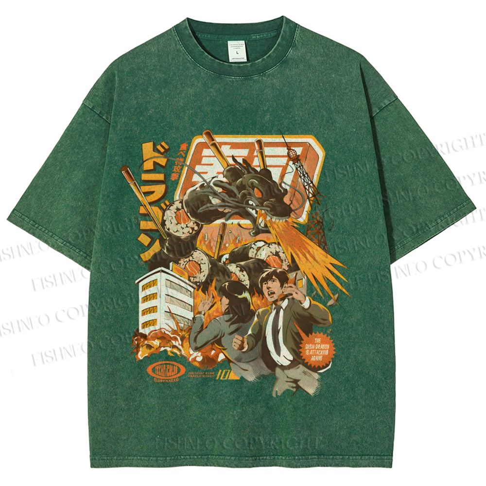 Unisex Sushi Dragon Attack Japanese Printed Washed Tee