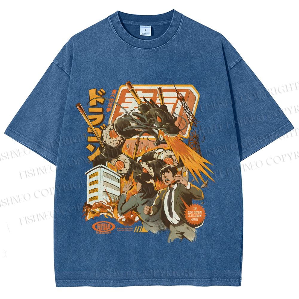 Unisex Sushi Dragon Attack Japanese Printed Washed Tee