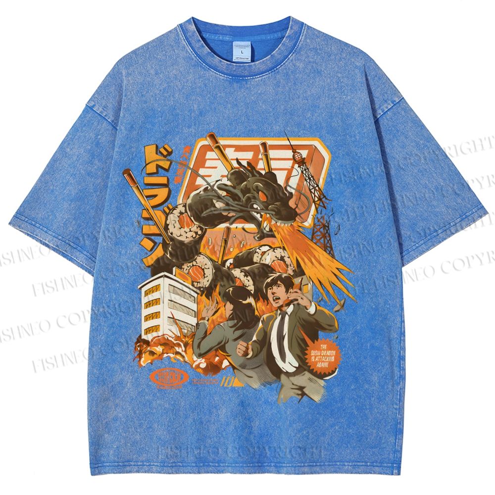 Unisex Sushi Dragon Attack Japanese Printed Washed Tee