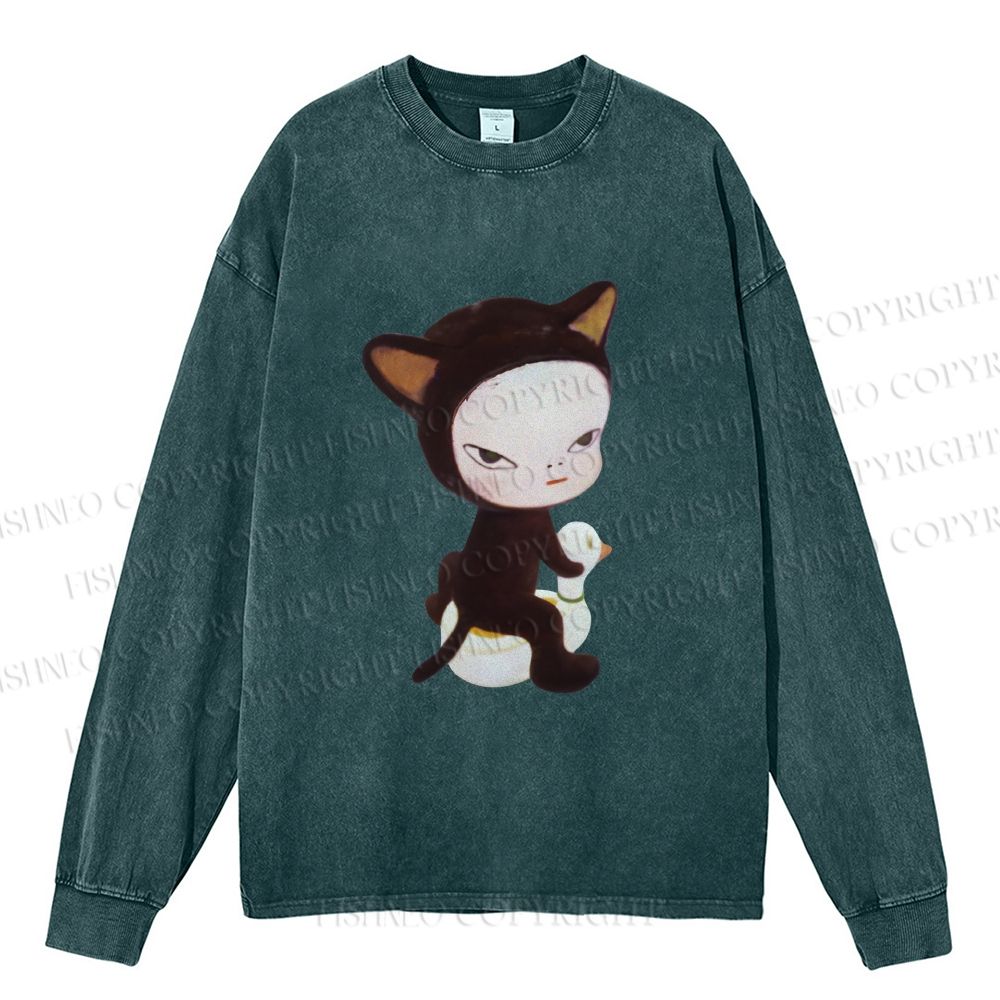 Unisex Casual Washed Yoshitomo Nara Duck Printed Long Sleeve T-shirt