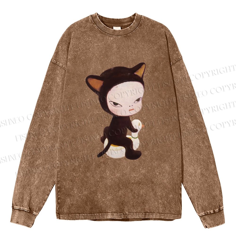 Unisex Casual Washed Yoshitomo Nara Duck Printed Long Sleeve T-shirt