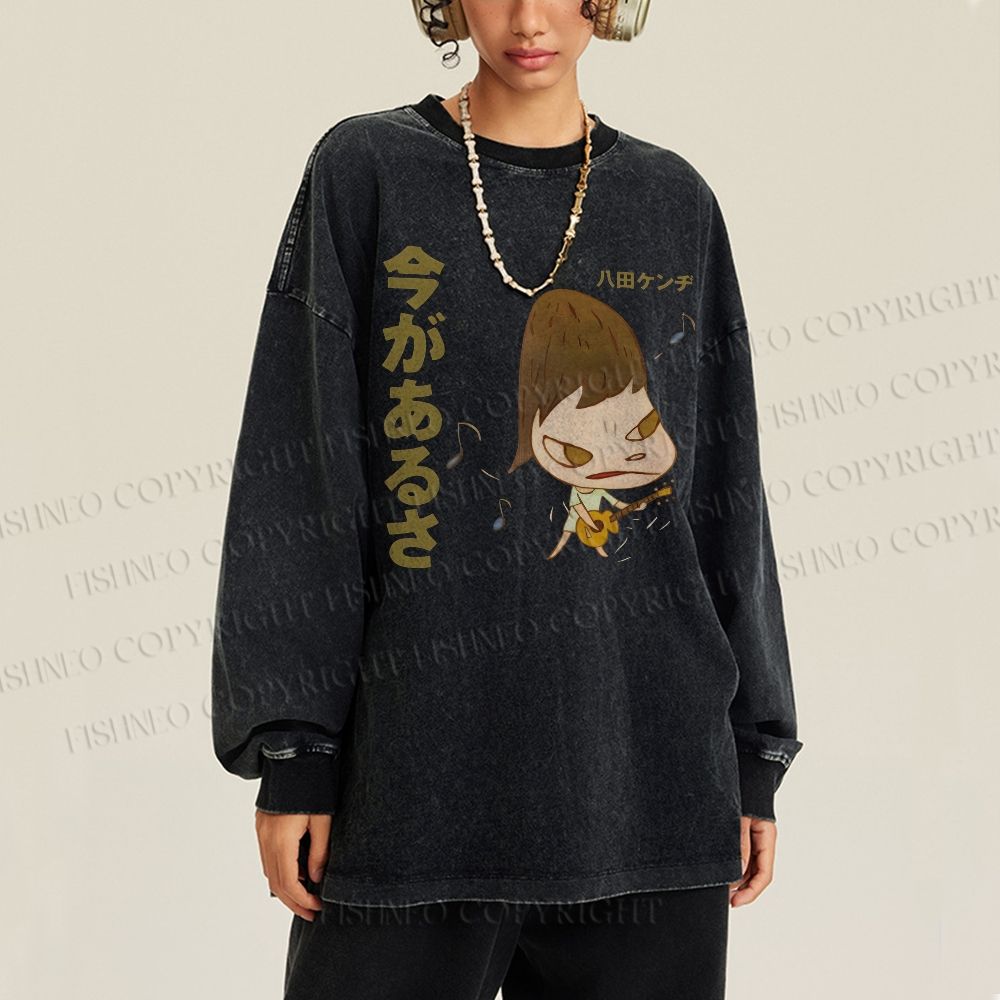 Unisex Casual Washed Yoshitomo Nara Guitar Printed Long Sleeve T-shirt