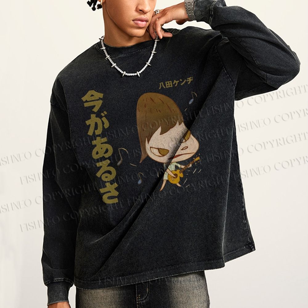 Unisex Casual Washed Yoshitomo Nara Guitar Printed Long Sleeve T-shirt