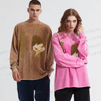 Unisex Casual Washed Yoshitomo Nara Guitar Printed Long Sleeve T-shirt