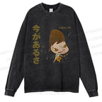 Unisex Casual Washed Yoshitomo Nara Guitar Printed Long Sleeve T-shirt