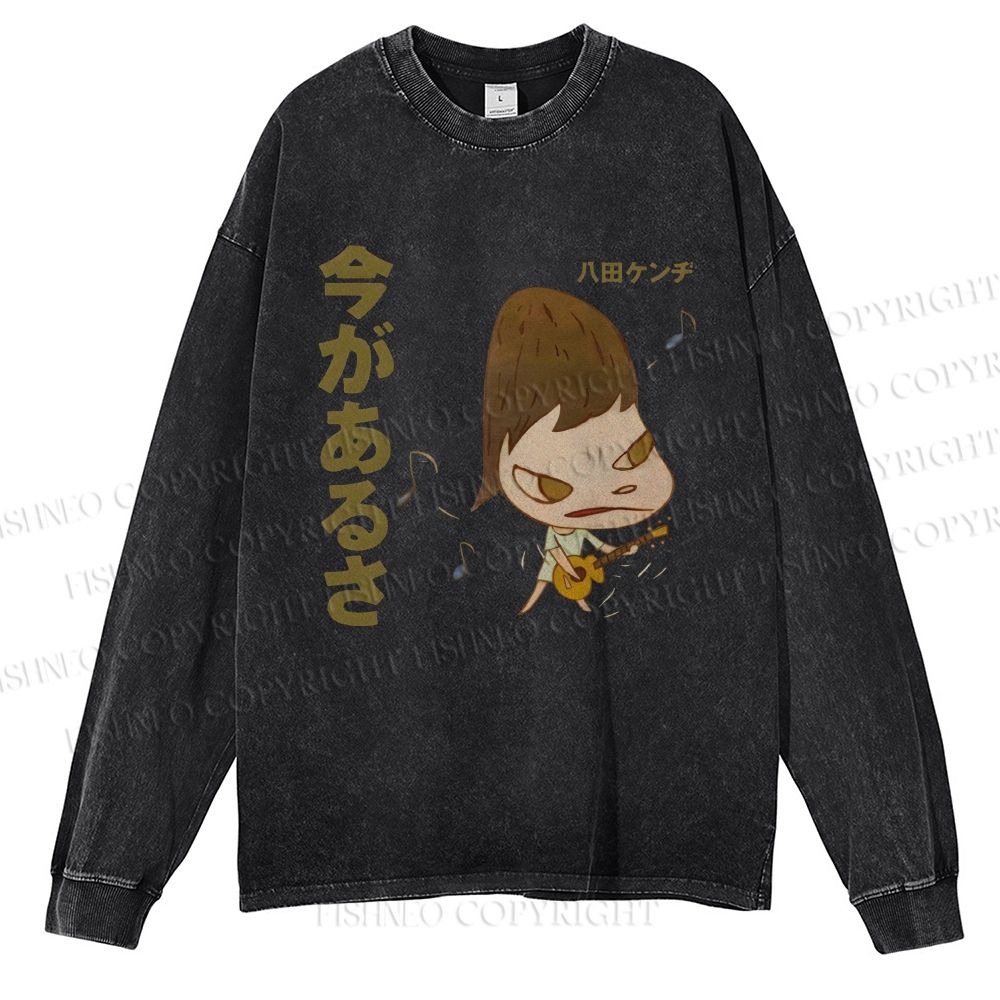 Unisex Casual Washed Yoshitomo Nara Guitar Printed Long Sleeve T-shirt