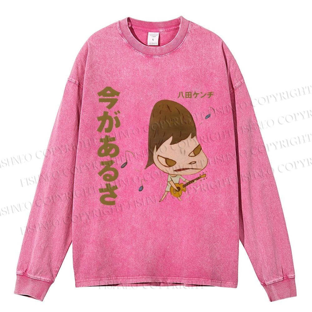Unisex Casual Washed Yoshitomo Nara Guitar Printed Long Sleeve T-shirt