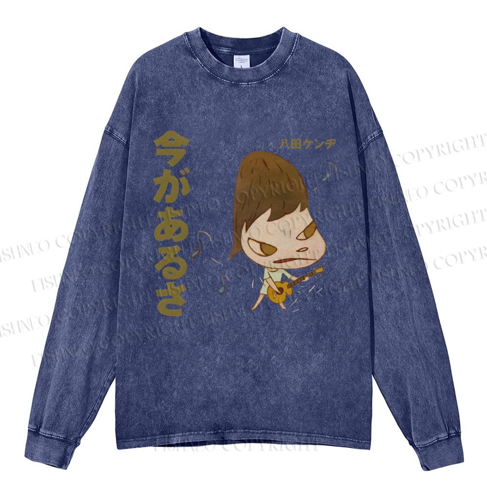 Unisex Casual Washed Yoshitomo Nara Guitar Printed Long Sleeve T-shirt