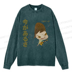 Unisex Casual Washed Yoshitomo Nara Guitar Printed Long Sleeve T-shirt