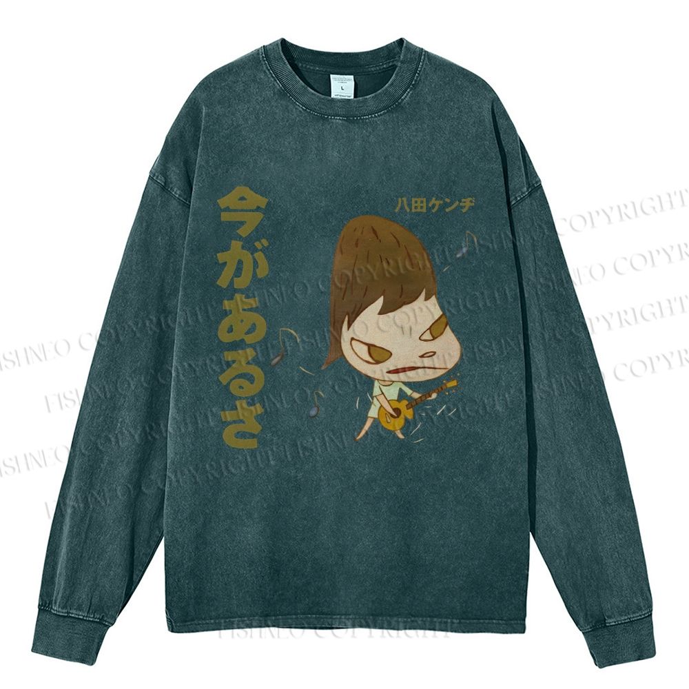 Unisex Casual Washed Yoshitomo Nara Guitar Printed Long Sleeve T-shirt