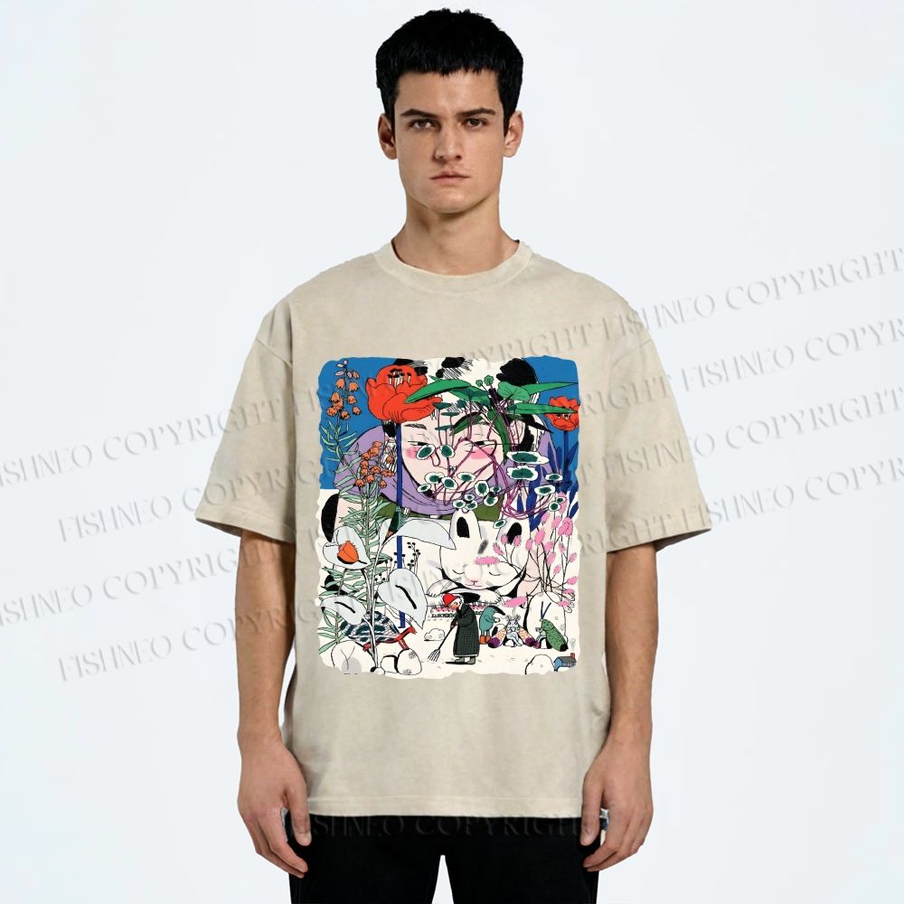 Unisex Vintage Graffiti Printed Washed Tee