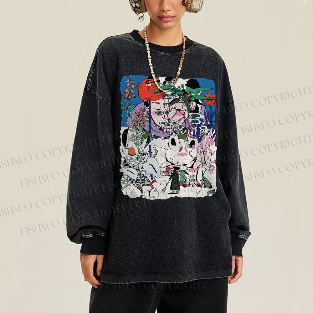 Unisex Casual Washed Vintage Graffiti Printed Long Sleeve T-shirt