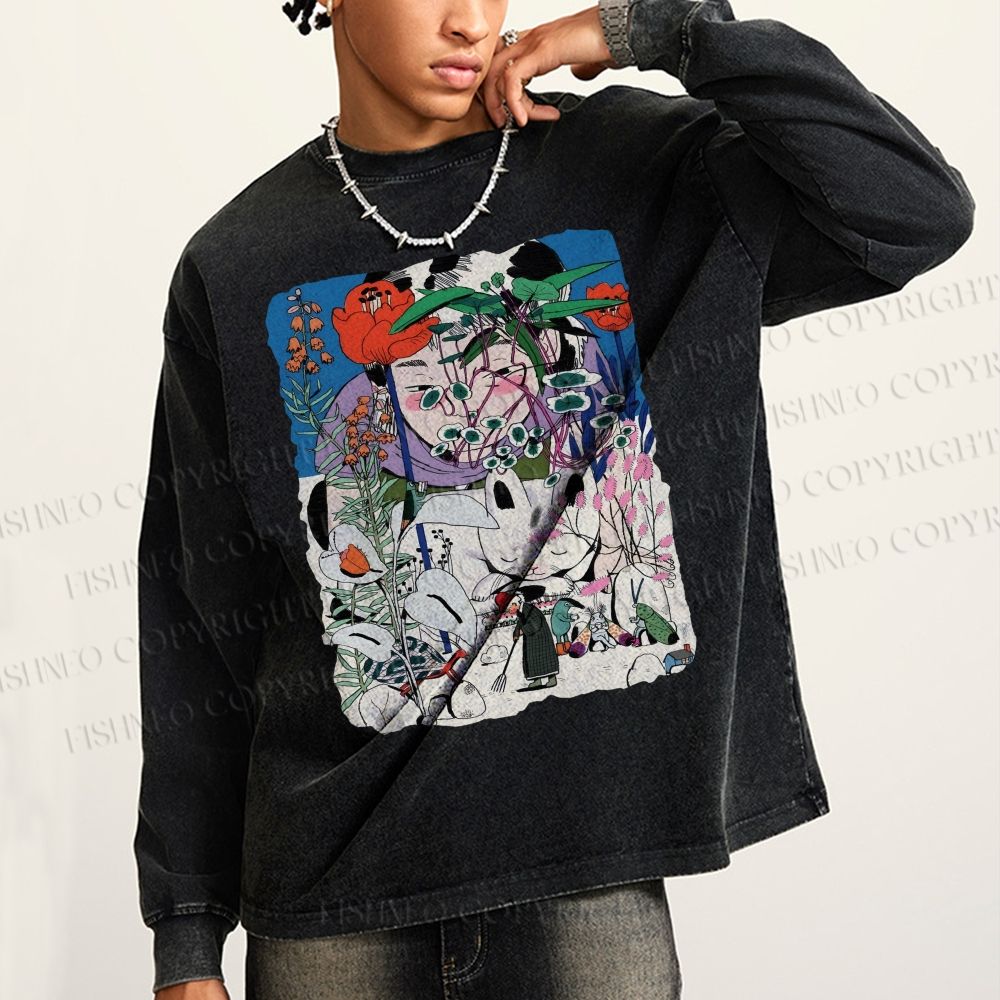 Unisex Casual Washed Vintage Graffiti Printed Long Sleeve T-shirt
