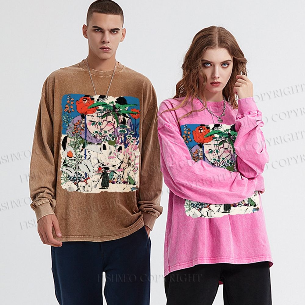Unisex Casual Washed Vintage Graffiti Printed Long Sleeve T-shirt