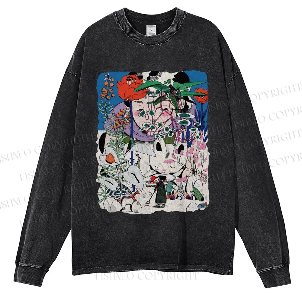 Unisex Casual Washed Vintage Graffiti Printed Long Sleeve T-shirt