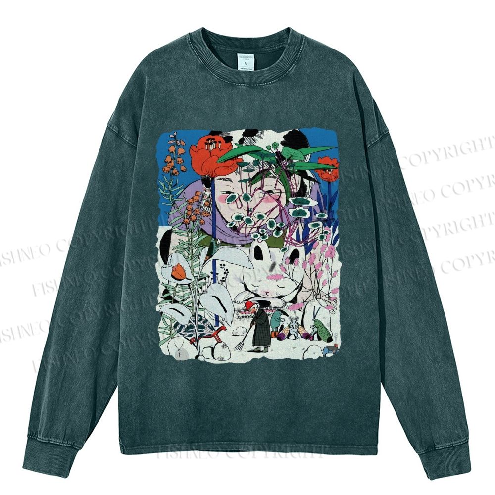 Unisex Casual Washed Vintage Graffiti Printed Long Sleeve T-shirt