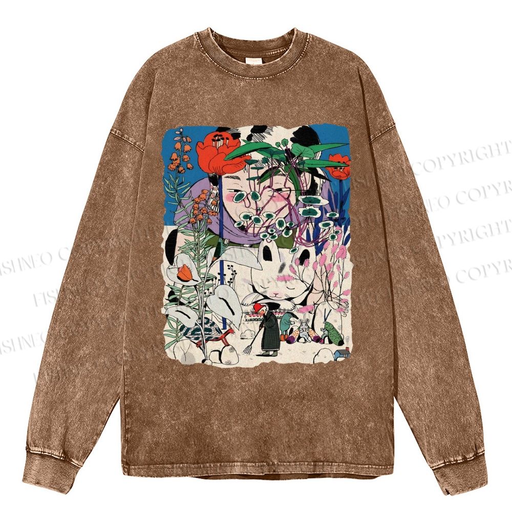 Unisex Casual Washed Vintage Graffiti Printed Long Sleeve T-shirt