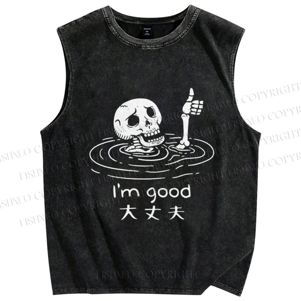 Unisex Drowned Skeleton Printed Washed Tank Top