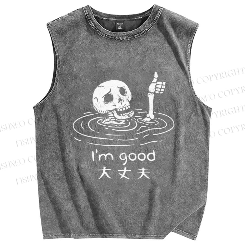Unisex Drowned Skeleton Printed Washed Tank Top