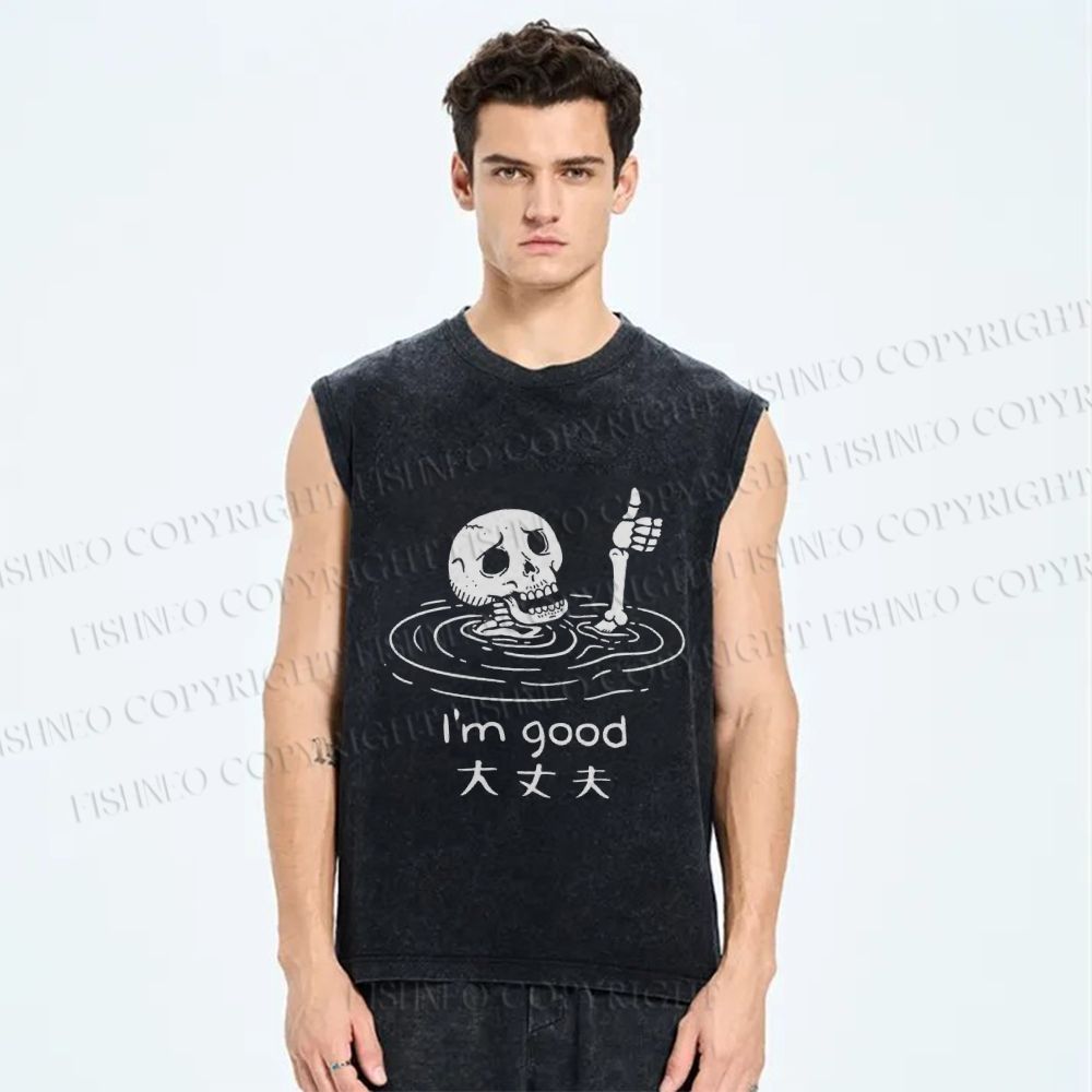 Unisex Drowned Skeleton Printed Washed Tank Top