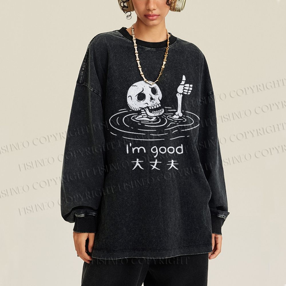 Unisex Casual Washed Drowned Skeleton Printed Long Sleeve T-shirt