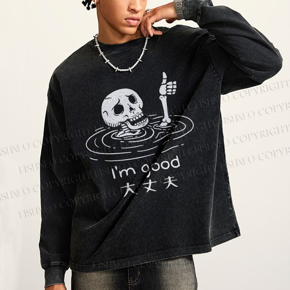 Unisex Casual Washed Drowned Skeleton Printed Long Sleeve T-shirt