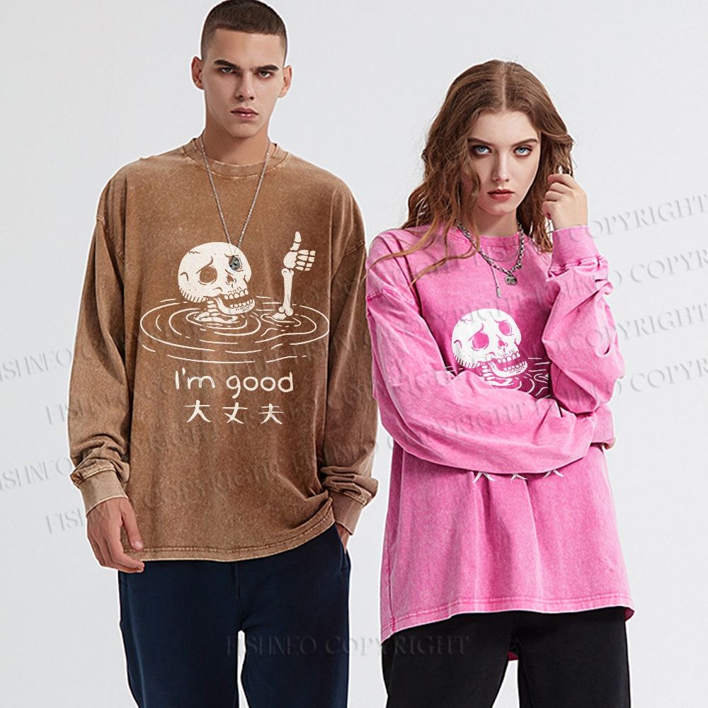 Unisex Casual Washed Drowned Skeleton Printed Long Sleeve T-shirt
