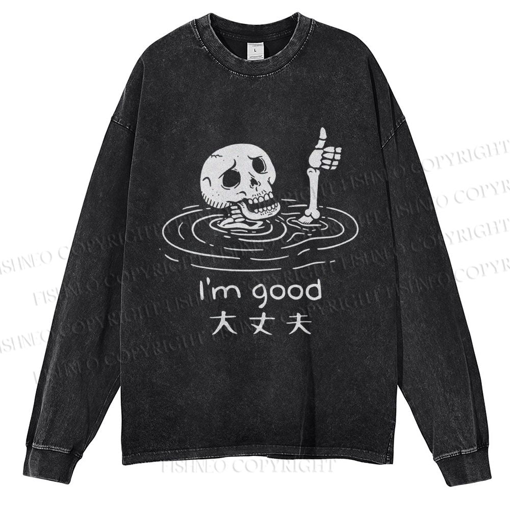 Unisex Casual Washed Drowned Skeleton Printed Long Sleeve T-shirt