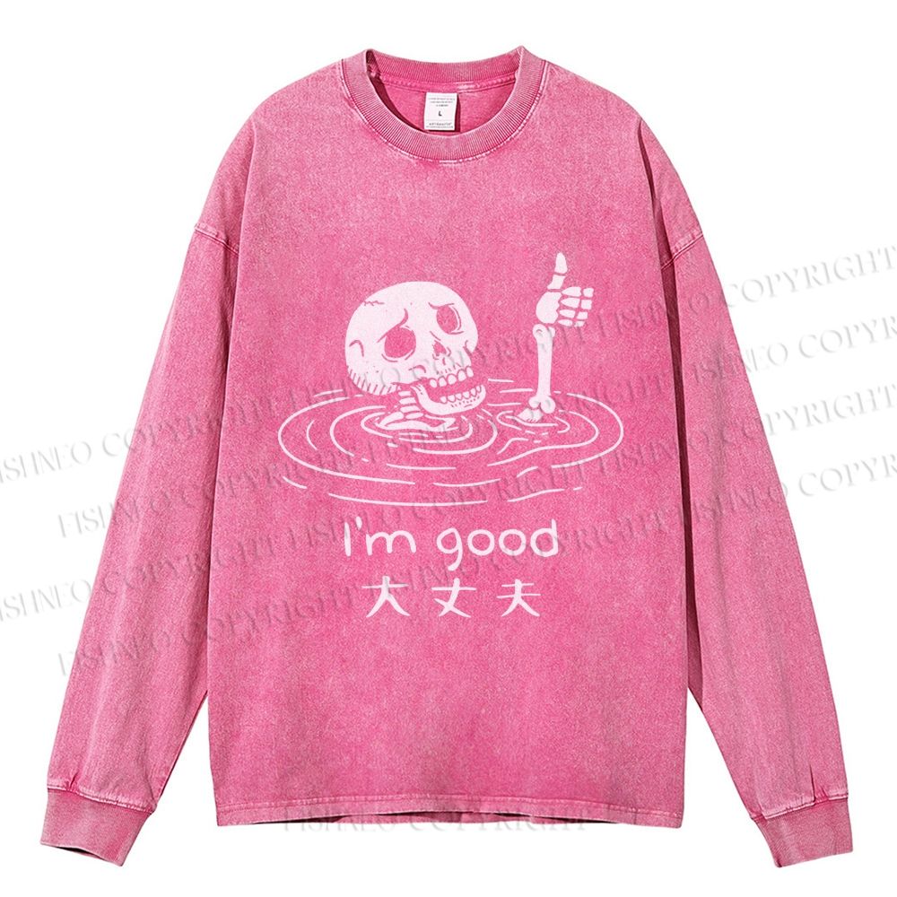 Unisex Casual Washed Drowned Skeleton Printed Long Sleeve T-shirt
