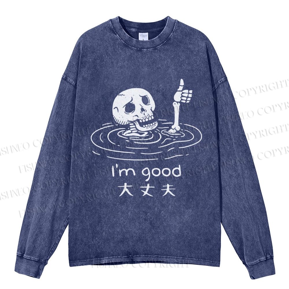 Unisex Casual Washed Drowned Skeleton Printed Long Sleeve T-shirt