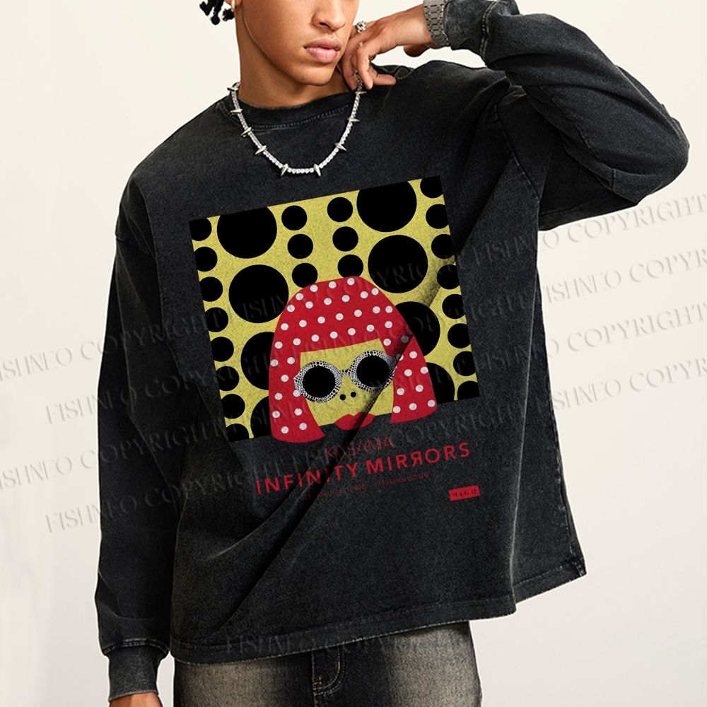 Unisex Casual Washed  Japanese Yayoi Kusama Woman Printed Long Sleeve T-shirt