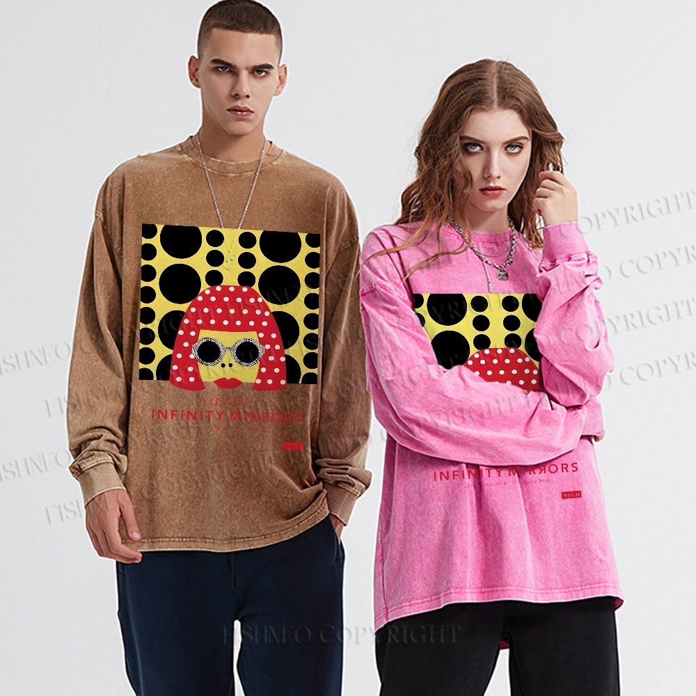 Unisex Casual Washed  Japanese Yayoi Kusama Woman Printed Long Sleeve T-shirt