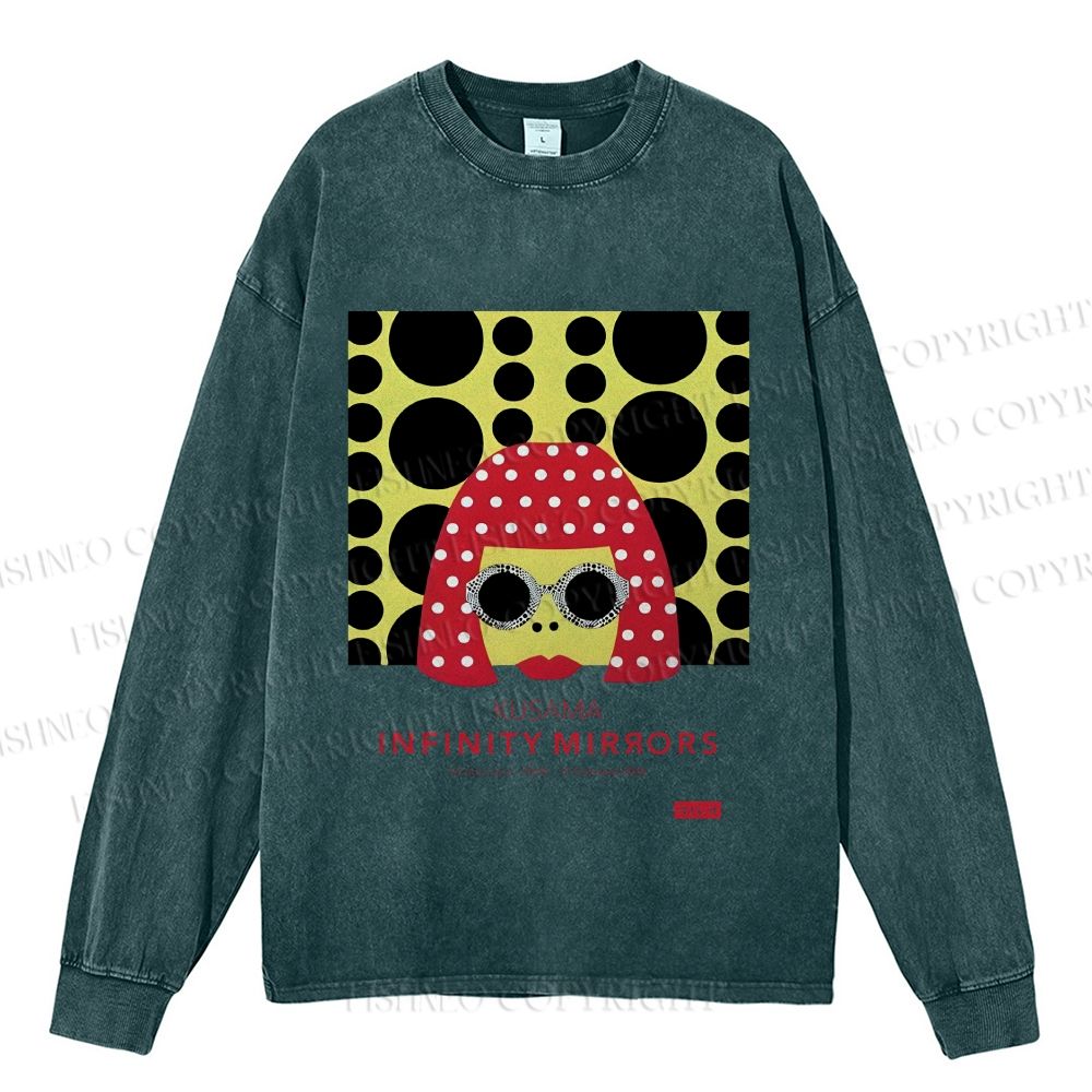 Unisex Casual Washed  Japanese Yayoi Kusama Woman Printed Long Sleeve T-shirt