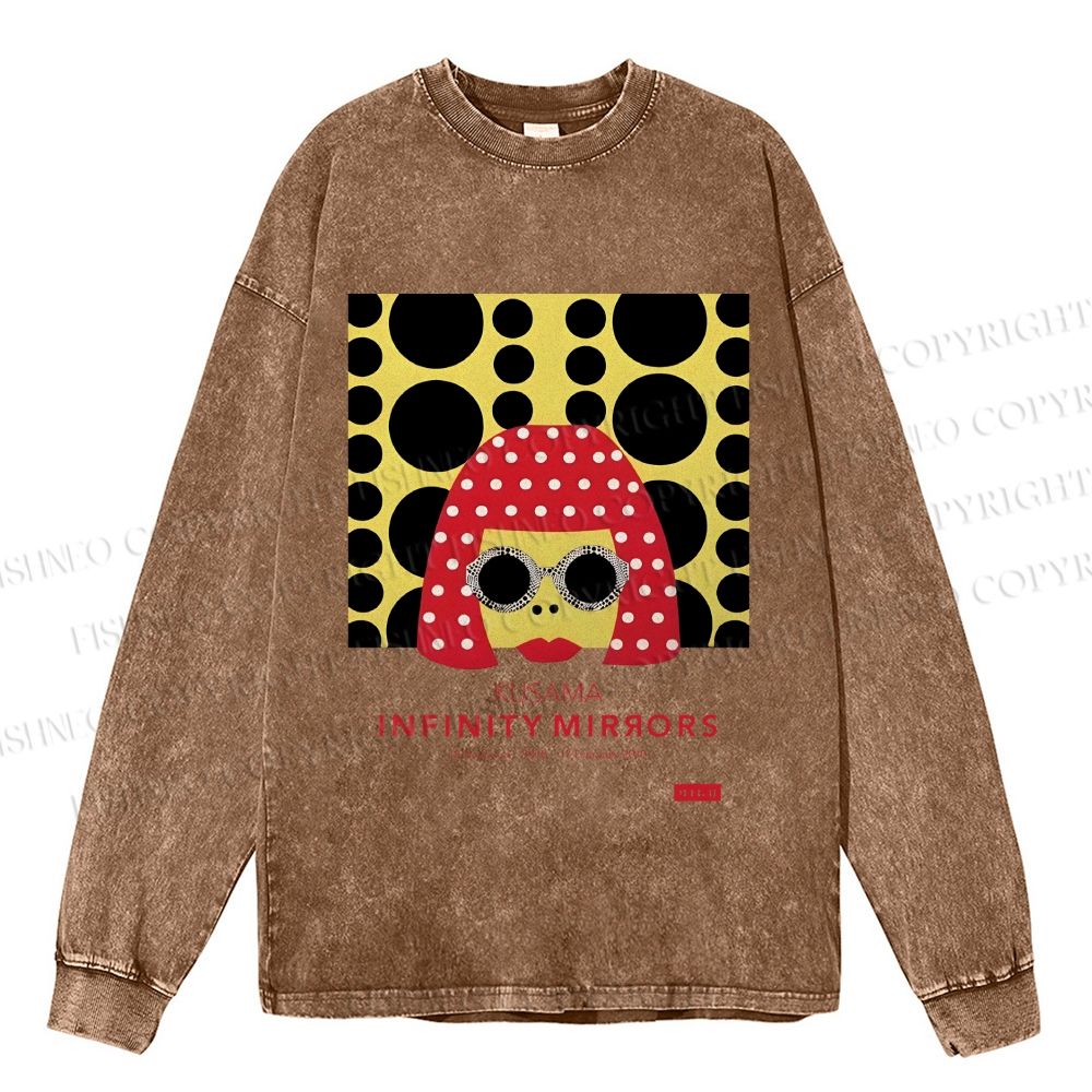 Unisex Casual Washed  Japanese Yayoi Kusama Woman Printed Long Sleeve T-shirt