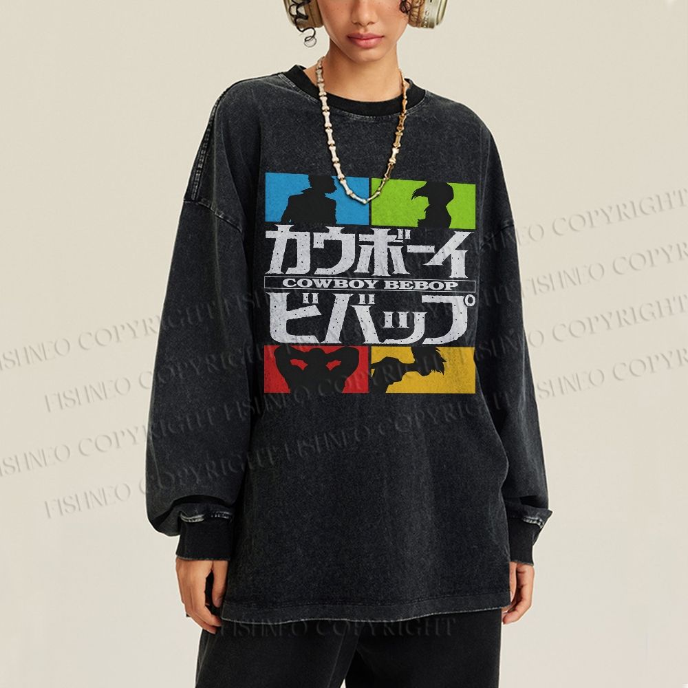 Unisex Casual Washed Cowboy Bebop Printed Long Sleeve T-shirt