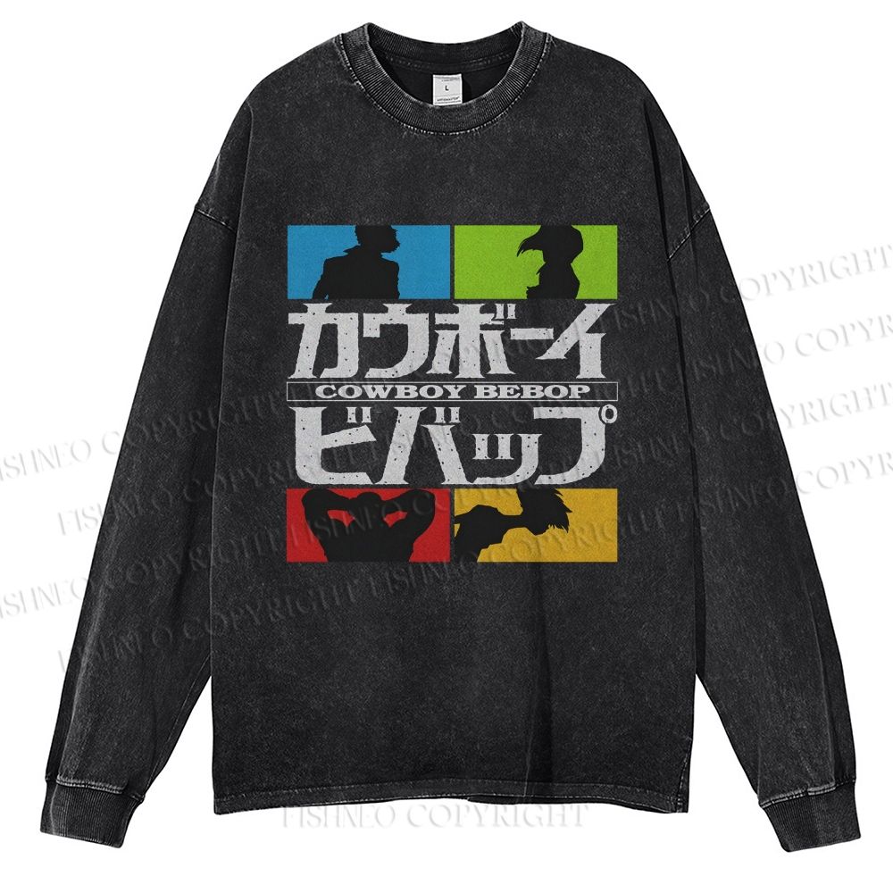 Unisex Casual Washed Cowboy Bebop Printed Long Sleeve T-shirt