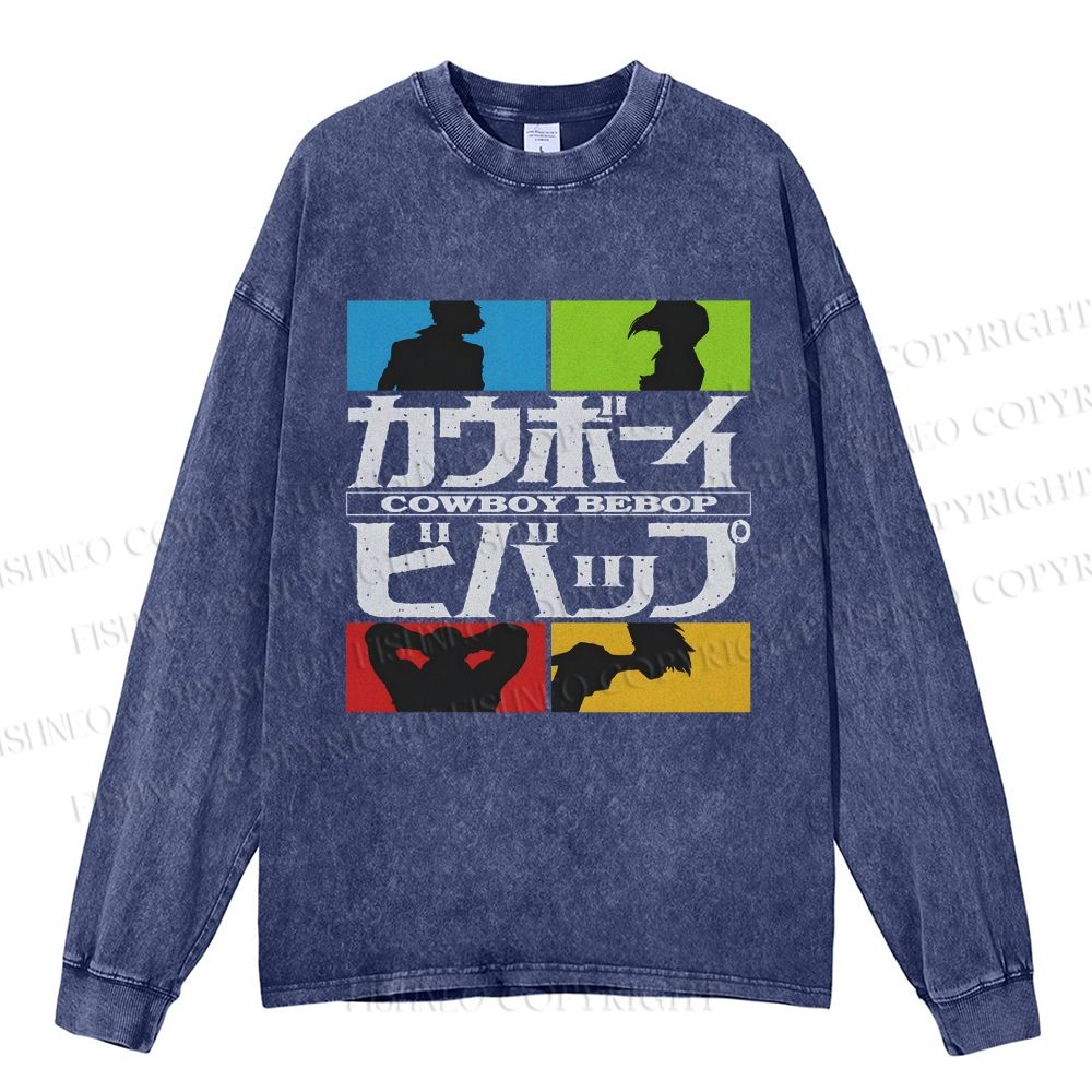 Unisex Casual Washed Cowboy Bebop Printed Long Sleeve T-shirt