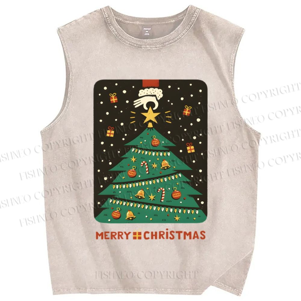 Unisex Merry Christmas Tree Printed Washed Tank Top