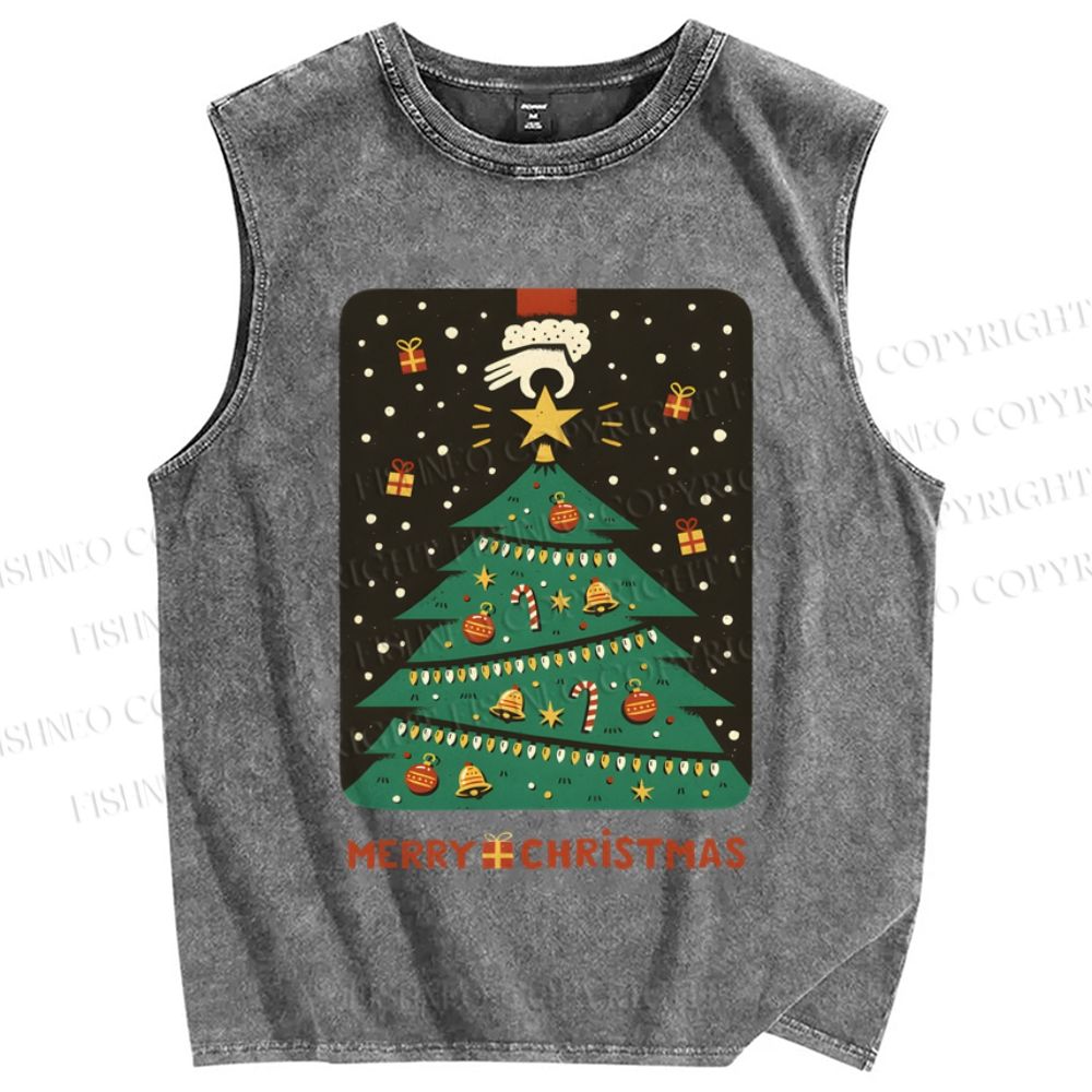 Unisex Merry Christmas Tree Printed Washed Tank Top