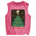 Unisex Merry Christmas Tree Printed Washed Tank Top