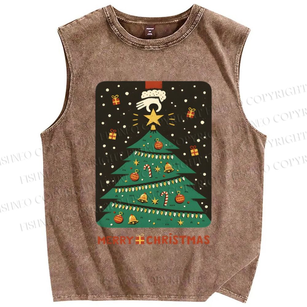 Unisex Merry Christmas Tree Printed Washed Tank Top