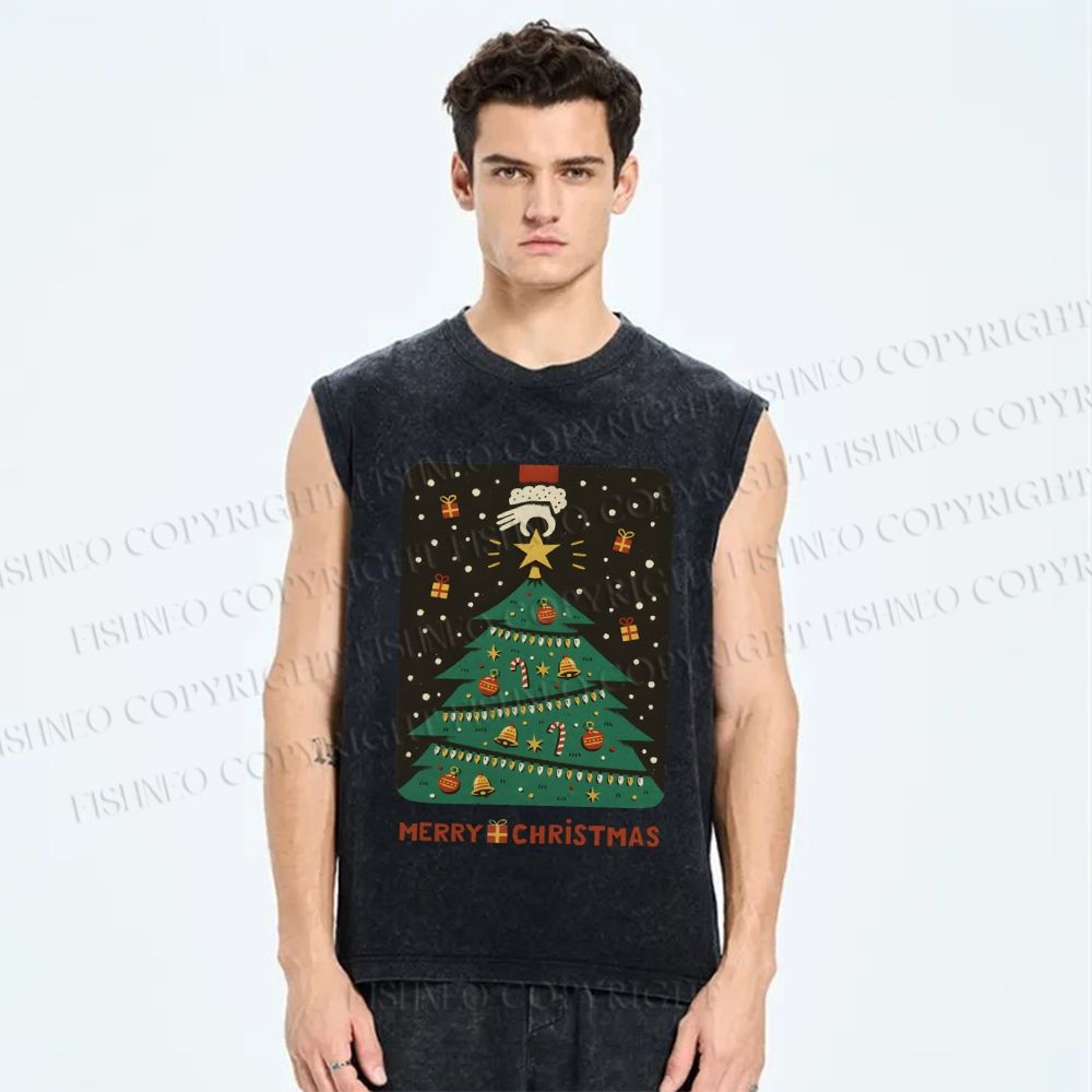 Unisex Merry Christmas Tree Printed Washed Tank Top