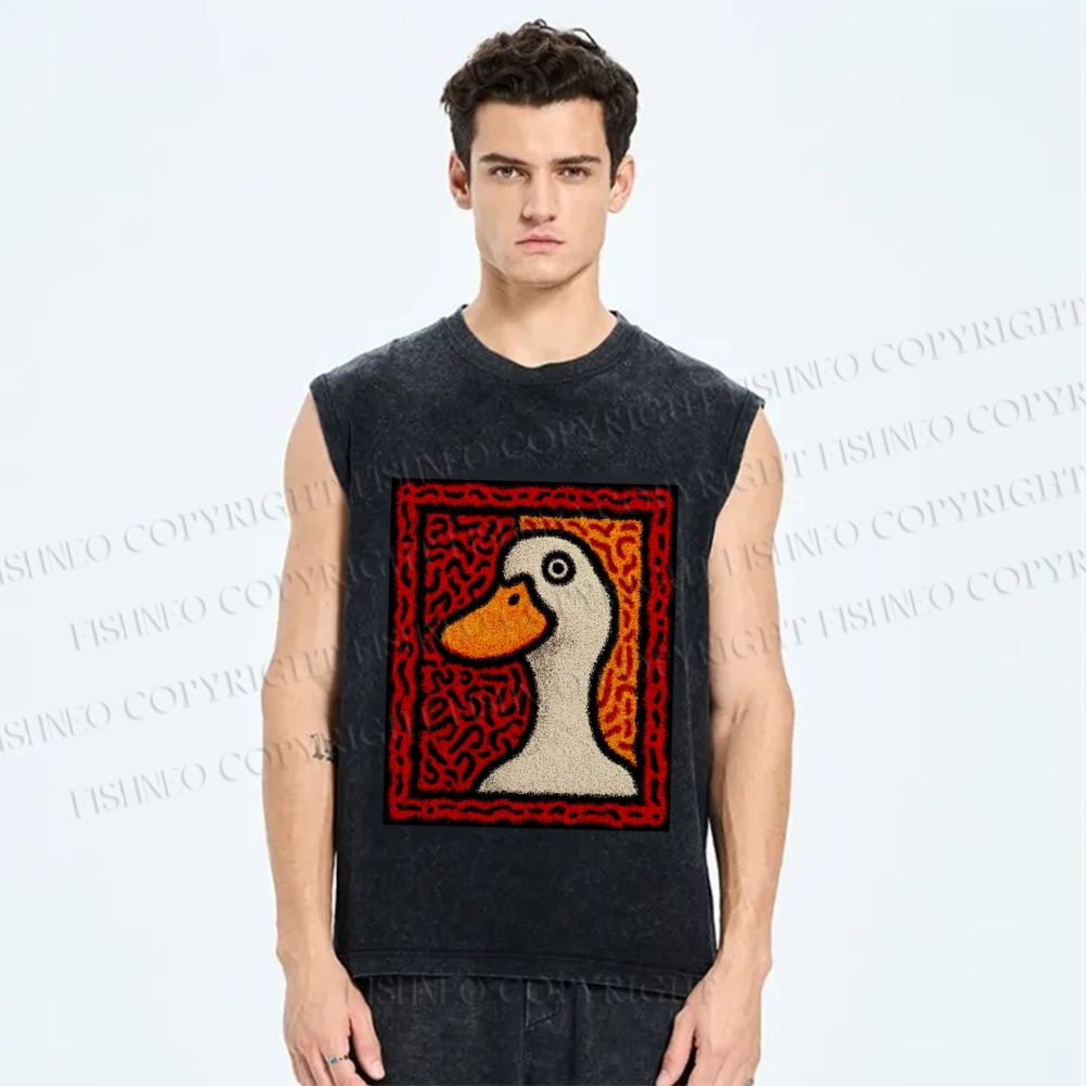 Unisex Duck Art Printed Washed Tank Top