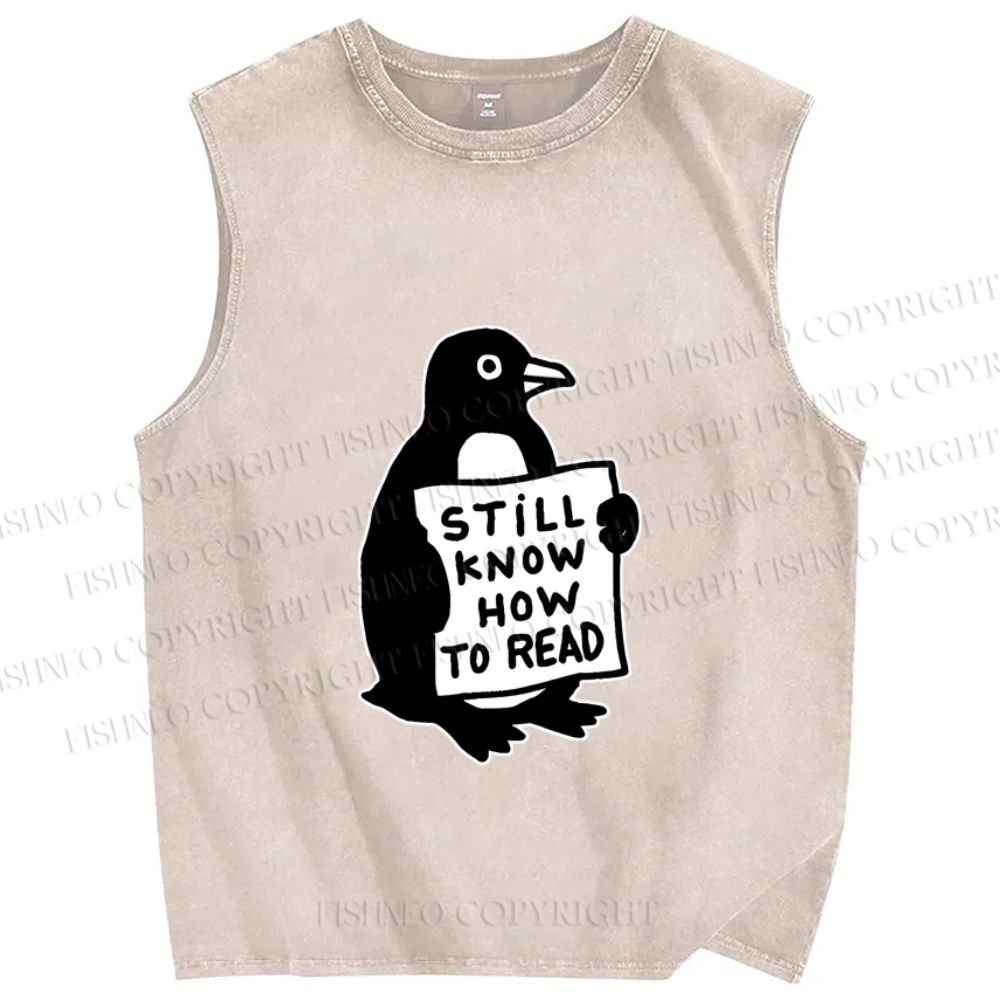 Unisex Silly Pinguin Still Know How to Read Printed Washed Tank Top