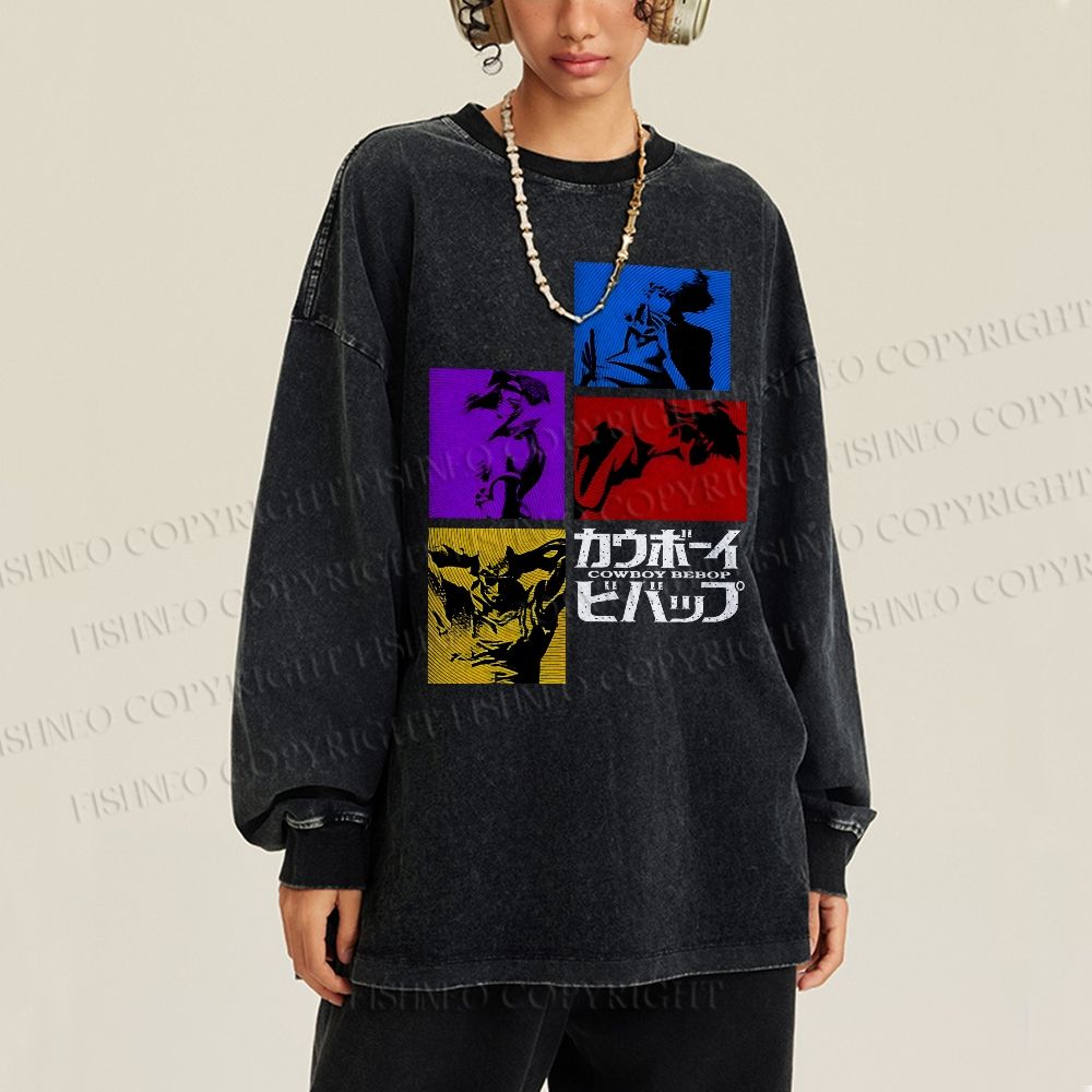 Unisex Casual Washed Cowboy Bebop Printed Long Sleeve T-shirt
