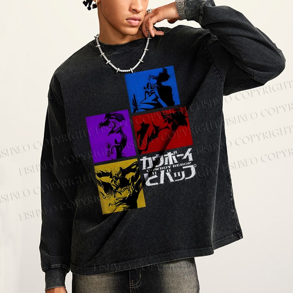 Unisex Casual Washed Cowboy Bebop Printed Long Sleeve T-shirt