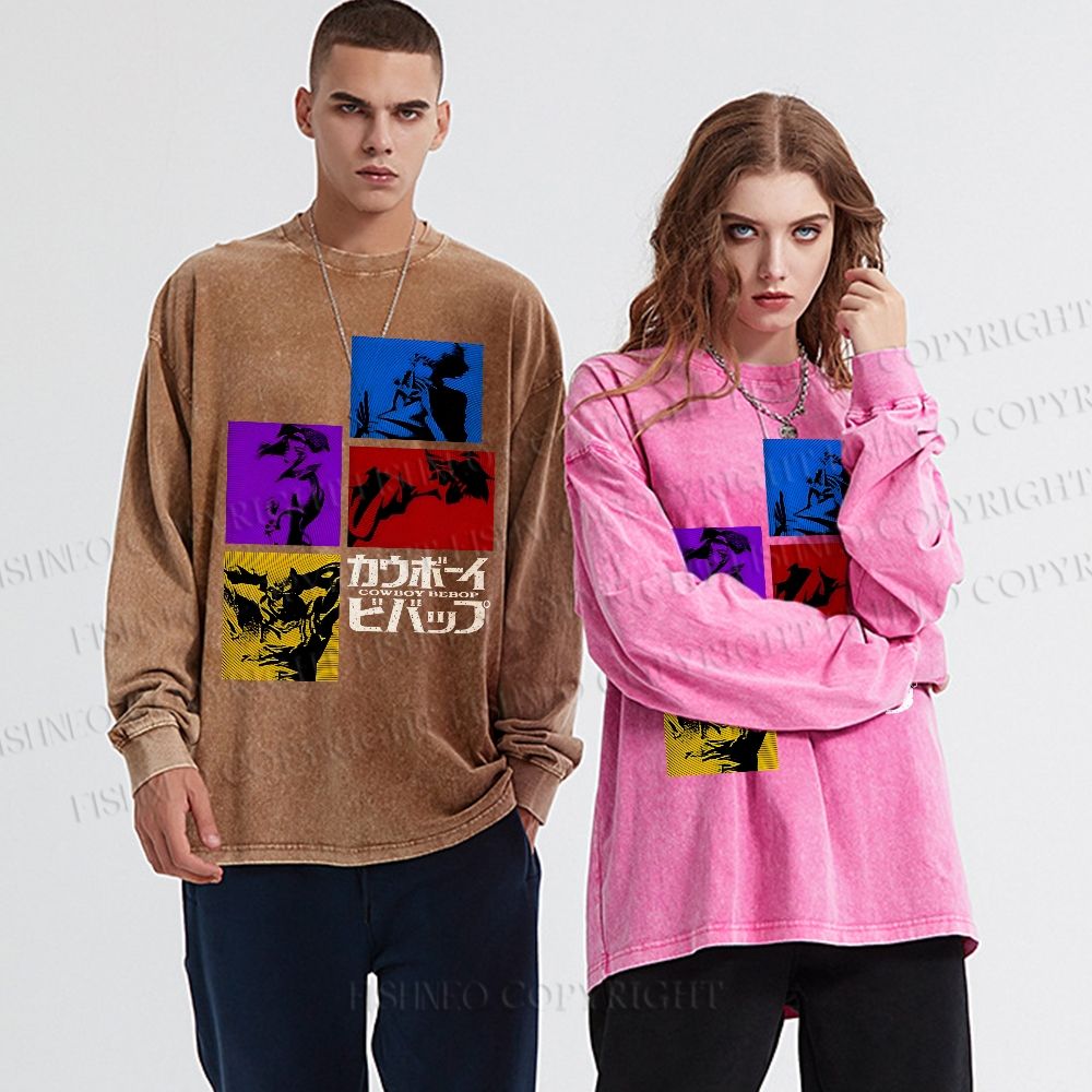 Unisex Casual Washed Cowboy Bebop Printed Long Sleeve T-shirt
