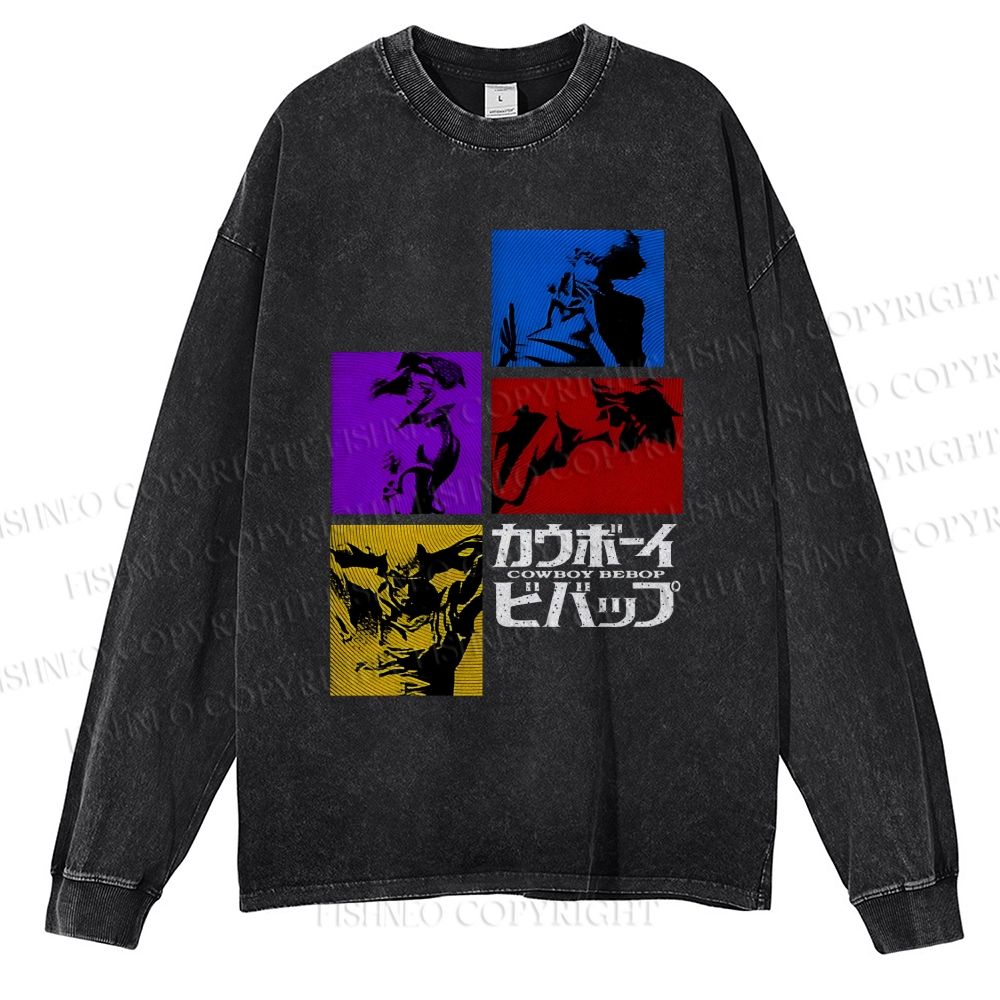 Unisex Casual Washed Cowboy Bebop Printed Long Sleeve T-shirt