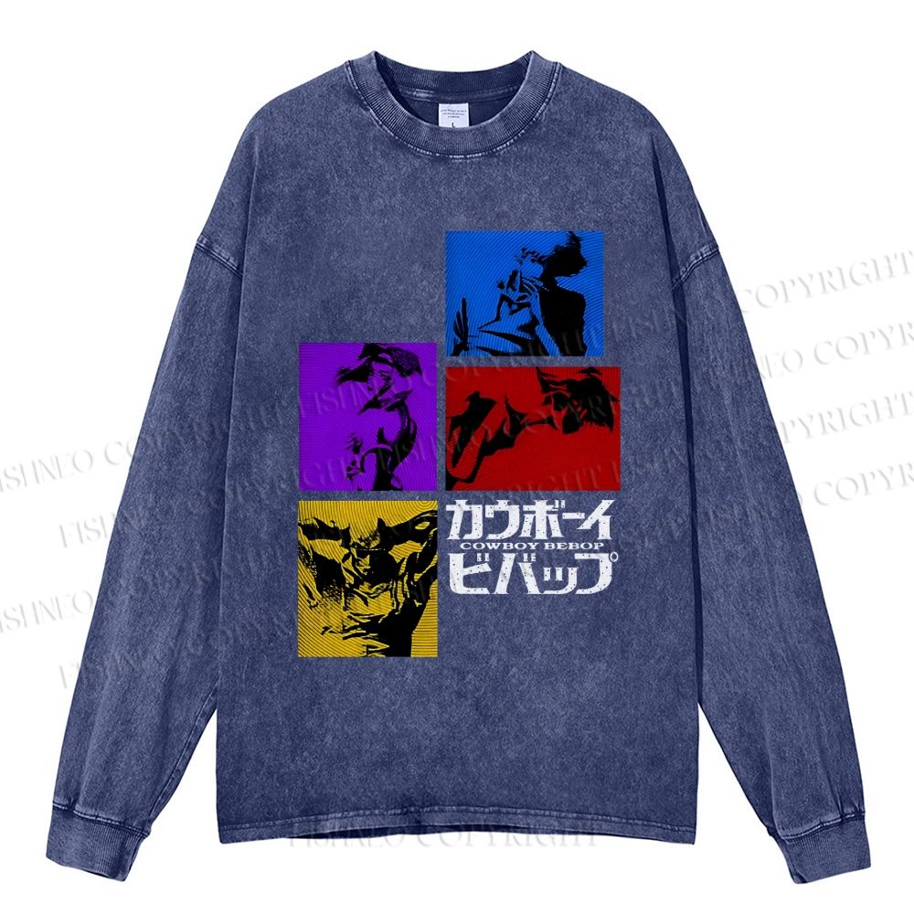 Unisex Casual Washed Cowboy Bebop Printed Long Sleeve T-shirt